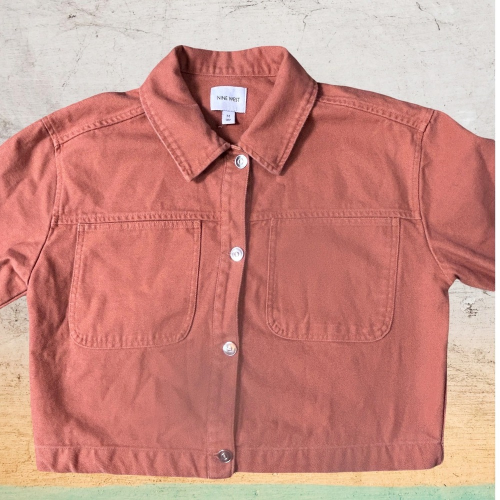 Nine West Cropped Denim Trucker Jacket Rust Orange Medium‎ Button Front